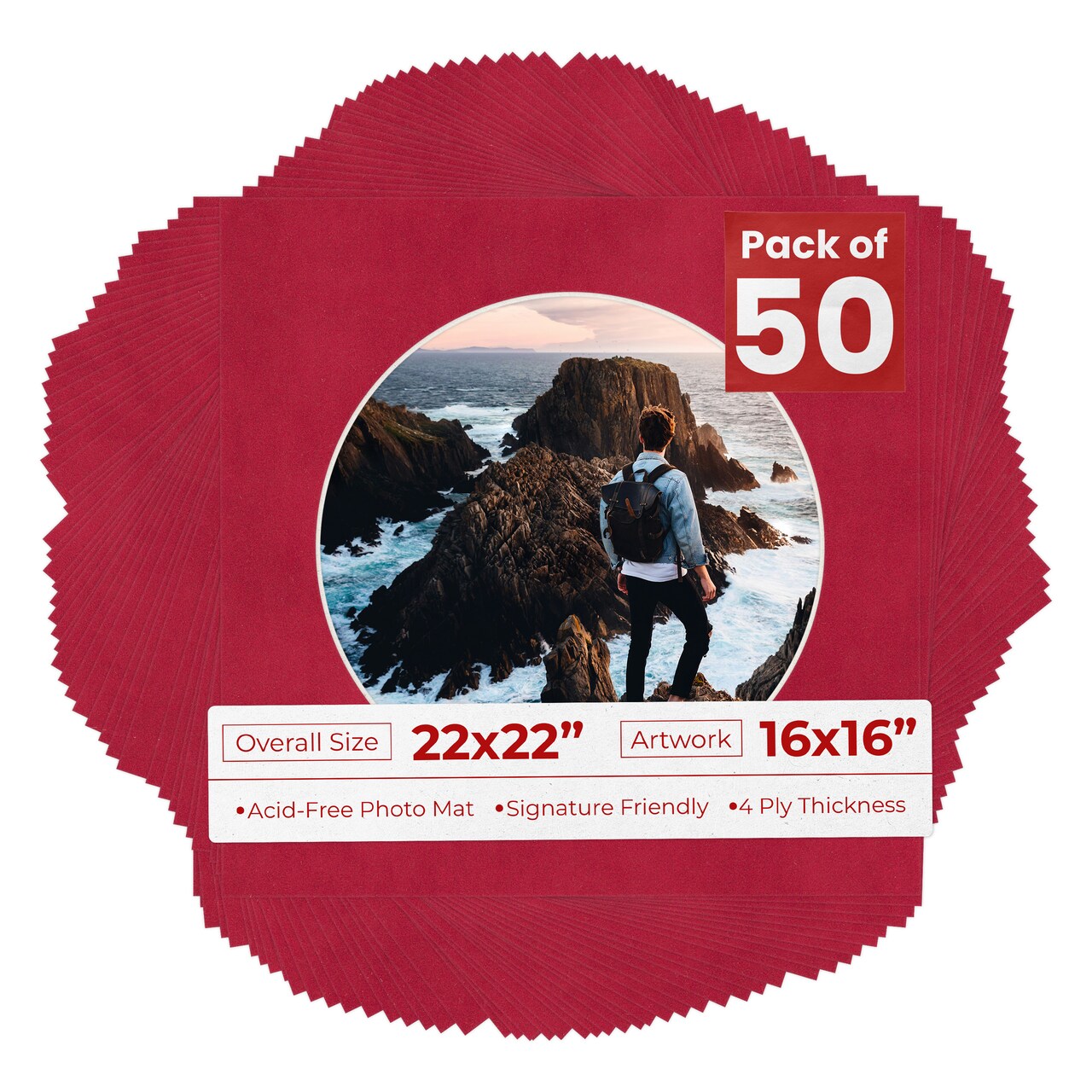 Red Suede Mat Board for 22x22 Frames - Circle Opening for 16x16 Photos